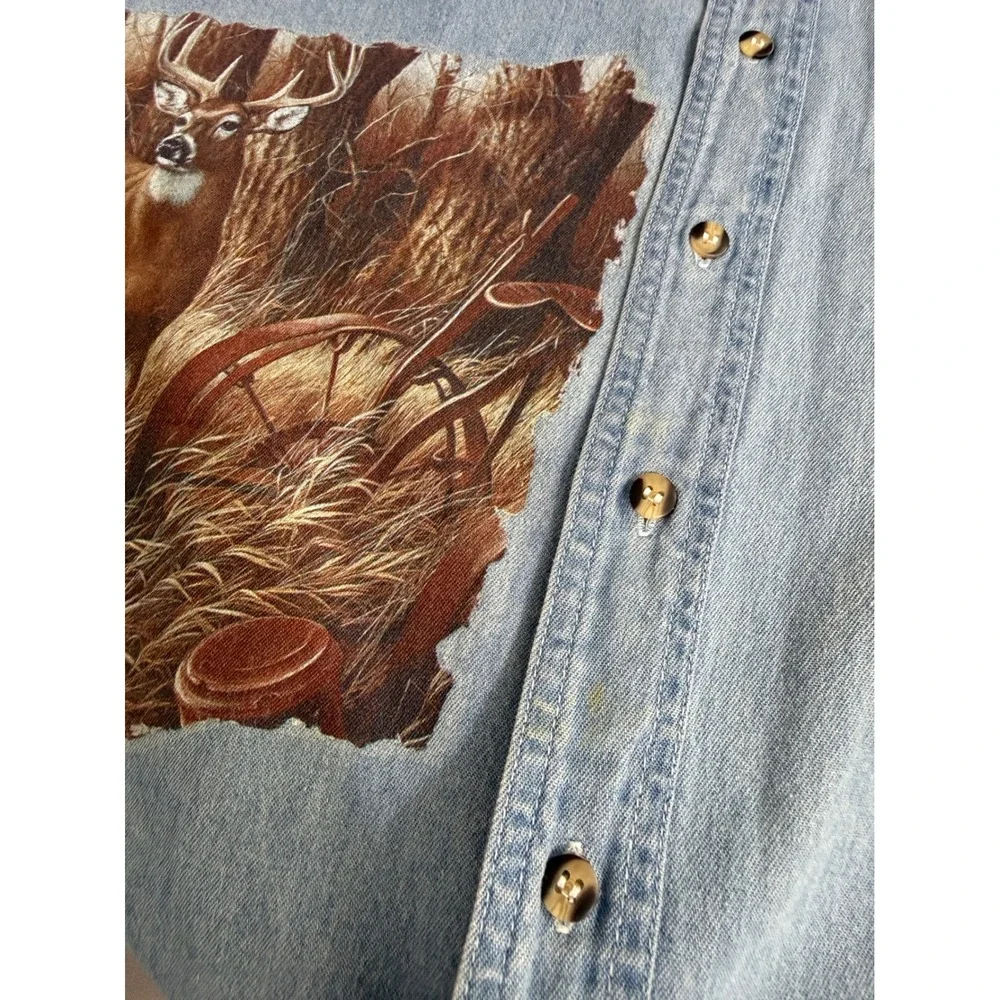 Mens Vintage Deer Graphic Denim Shirt Short Sleeve Light Wash Large hunter fade - Picture 7 of 10